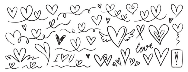 Hand drawn heart line elements set, outline love lines, isolated vector clip art collection