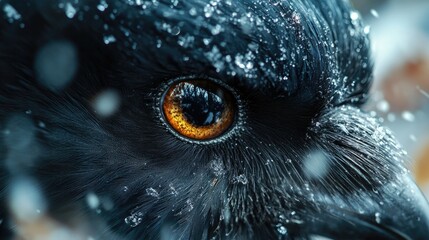 A close-up shot of a bird's eye buried in snow, great for winter scenes or nature photography