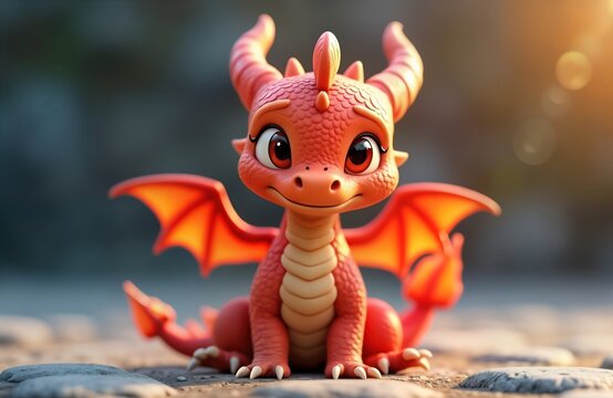 Cute cartoon dragon sits on stones. Adorable little dragon with big eyes, smile. Orange-red color. Fantasy creature. Dragon wings, tail. Adorable dragon character. Suitable for children books games.