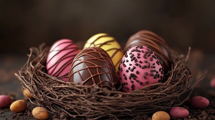 Vibrant easter chocolate eggs in decorative nest for holiday celebration design