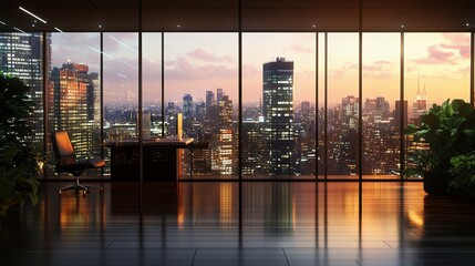 Modern Workspace at Dusk with Cityscape View through Large Windows