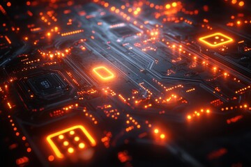 Abstract background with glowing light lines and digital elements, including circuit board patterns, futuristic tech shapes, data curves, technology concept