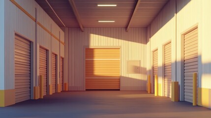 Modern storage facility interior with closed roll-up doors and corridor lighting