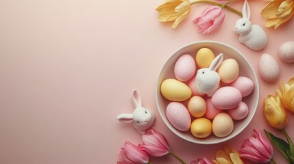 Easter celebration concept with colorful easter eggs and rabbit decorations