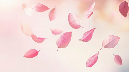 Delicate Pink Leaves Gently Falling Over Soft Pastel Background
