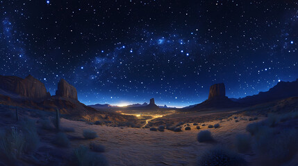 degree starry night sky over desert landscape, starry night, sky, desert, landscape. Starry Desert. Illustration
