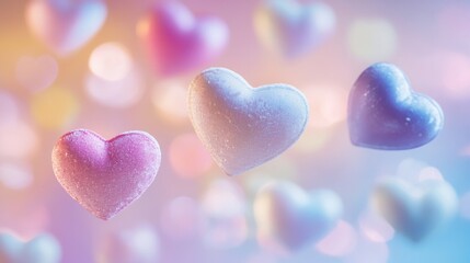 Fototapeta premium Colorful hearts float gently against dreamy pastel background, e