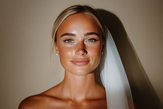 A close-up of a bride with a serene smile, showcasing natural beauty and confidence on her wedding day.