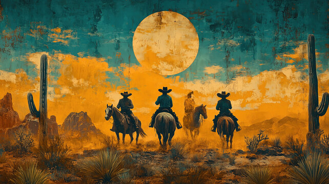 a painting about mexican bandits with sombreros gallopping across a desert, cactus