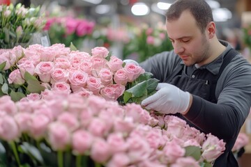 Fototapeta premium A florist carefully arranges pink roses in a shop, showcasing expertise and attention to detail in floral design.