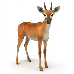 Fototapeta premium Young antelope, reddish-brown coat, standing, white background.