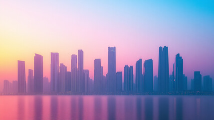 Obraz premium A serene minimalist city skyline at dawn, featuring geometric skyscrapers bathed in soft pastel hues, conveying modern architecture and tranquil urban aesthetics.