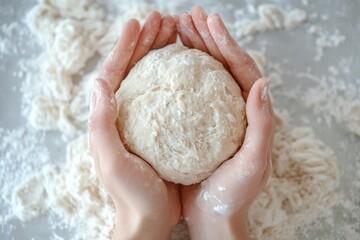 A ball of dough, lightly dusted with flour, is gently cradled in two hands.