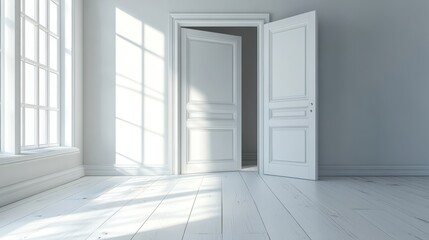 Sunlit white room with open door and wooden flooring
