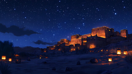 A ksar illuminated by soft lanterns at night, with the starry desert sky providing a magical backdrop. Starry Desert. Illustration