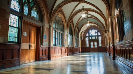 Fototapeta premium Arched Hallway With Stained Glass Windows and Wood Paneling