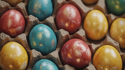 Obraz premium Colorful close-up of dyed easter eggs for holiday celebration and decoration