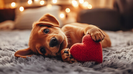puppy lies on his back, playing with a soft toy in the shape of a heart, his paws comically throw it up, behind is a cozy living room