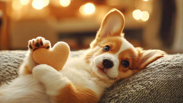 The puppy lies on his back, playing with a soft toy in the shape of a heart, his paws comically throw it up, behind is a cozy living room - Powered by Adobe