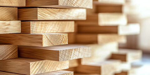 Stacked wooden planks with clean edges, showcasing the natural texture and grain of the wood in warm, ambient lighting. Ideal for themes of carpentry and construction.