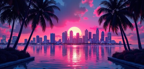 Fototapeta premium Miami cityscape at sunset with vibrant neon colors. Palm trees flank calm waterfront reflecting colorful city skyline. Retro 80s style with energetic vibe. Coastal city lights create dynamic