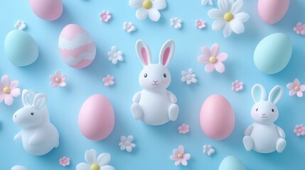 Easter decorations concept with pastel eggs, bunnies, and flowers on blue background