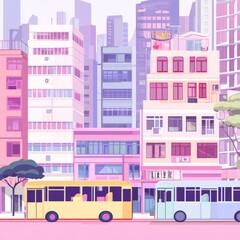 Obraz premium hong kong modern building with street road and bus, pastel colors, with soft and pink and purple
