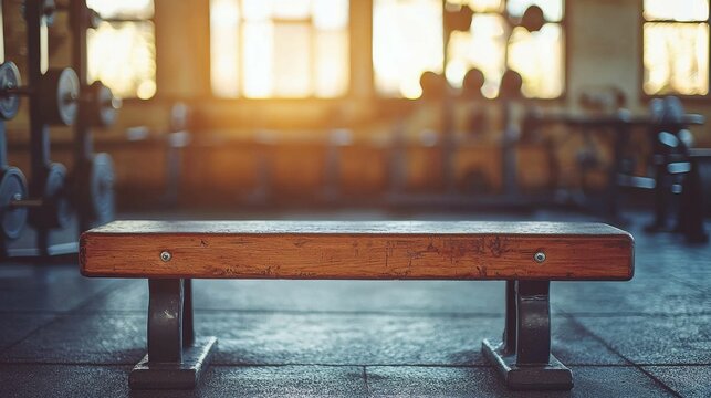 A wooden gym bench is illuminated by natural sunlight coming through the windows, set in a spacious workout area with weights in the background.