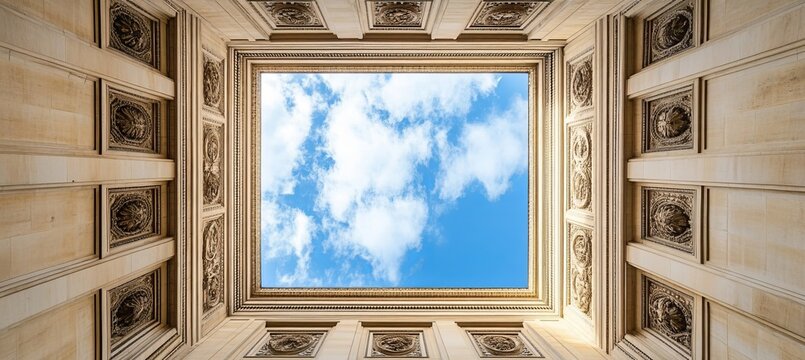 Low Angle View of an Ornate Architectural Building Interior with Skyward View to a Blue Cloudy Sky