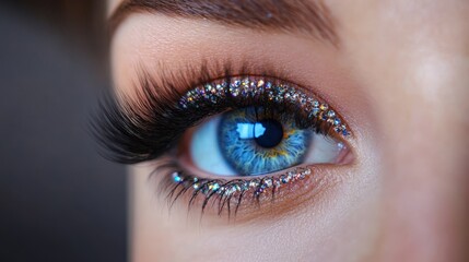 Fototapeta premium A striking close-up of a blue eye adorned with shimmering glitter eyeshadow, capturing beauty and sparkle in vivid detail.