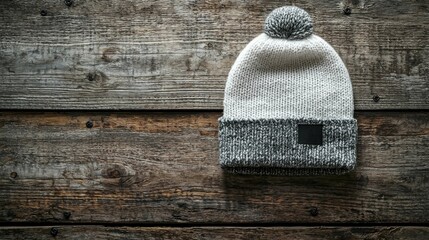 A cozy gray beanie cap with a pom-pom, elegantly displayed on a rustic wooden background, showcasing its knit texture and design.
