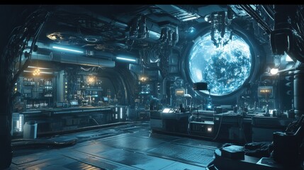 Futuristic Laboratory with a View of a Distant Planet