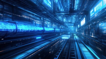 Fototapeta premium Futuristic Blue Neon Lit Corridor with Digital Panels