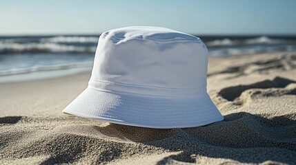A white bucket hat resting on sandy beach, with ocean waves gently rolling in the background under a clear blue sky.