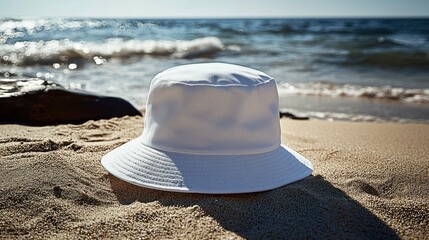 A white bucket hat sits on the sandy beach, with the ocean waves in the background. This image captures a serene seaside atmosphere.