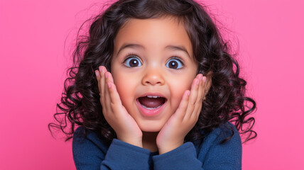 a realistic photogenic image of a latin american cute girl, between 5 to 8 years old. She is mimicking a surprise face in a relax playful fun way. Child is in the middle. Use an pink backgrou