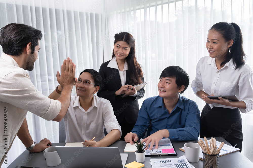 Poster diverse group of office employee worker high five after making agreement on strategic business marke
