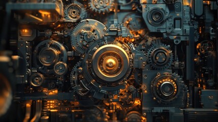 Close-up of a Complex Steampunk Machine with Gears and Cogs