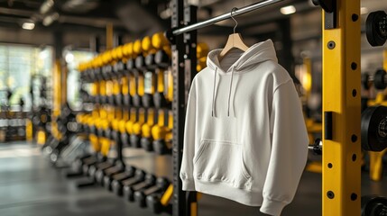 A white hoodie hanging on a wooden hanger in a modern gym, with yellow weights lined up in the background, showcasing a casual and sporty fashion style.