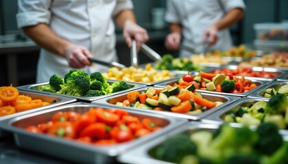Close-up view of chefs meticulously preparing, plating various nutritious portions of senior-friendly meals in commercial kitchen. Colorful vegetables like broccoli carrots, tomatoes ready to served.