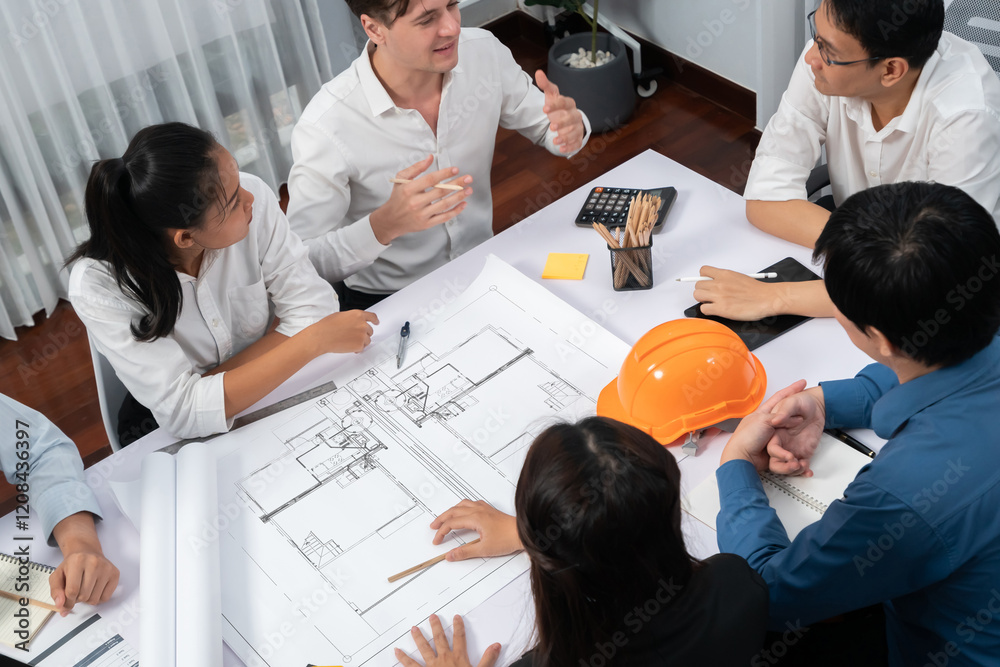 Poster diverse group of civil engineer and client working together on architectural project, reviewing cons