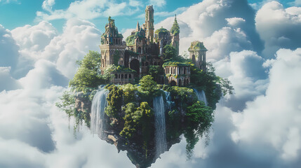 Enchanting floating island with lush greenery, waterfalls, and ancient ruins in a mystical cloudy sky. Mystic Ruins. Illustration