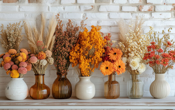 Fototapeta Suszone kolorowe kwiaty w wazonach na tle białej ściany z cegieł