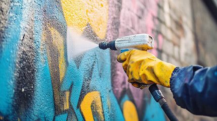 A close-up of hands in yellow gloves using a spray tool to clean colorful graffiti on a wall, emphasizing urban maintenance and cleaning services.