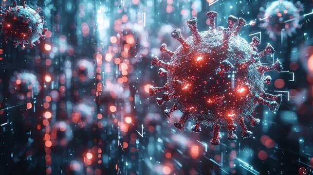 Microscopic view of virus particles with glowing light trails.