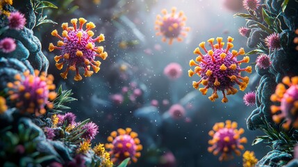 Microscopic view of viruses in vibrant colors.