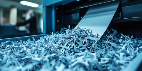  A close-up of a paper shredder with shredded paper spilling out, depicting themes of confidentiality, security, and document destruction in an office environment.