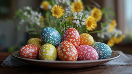 Colorful painted eggs with floral patterns for easter celebration and decoration