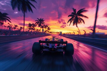 Formula One Race Car on the track at sunset in the tropics