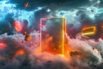 Futuristic portal surrounded by vibrant clouds and floating debris at twilight